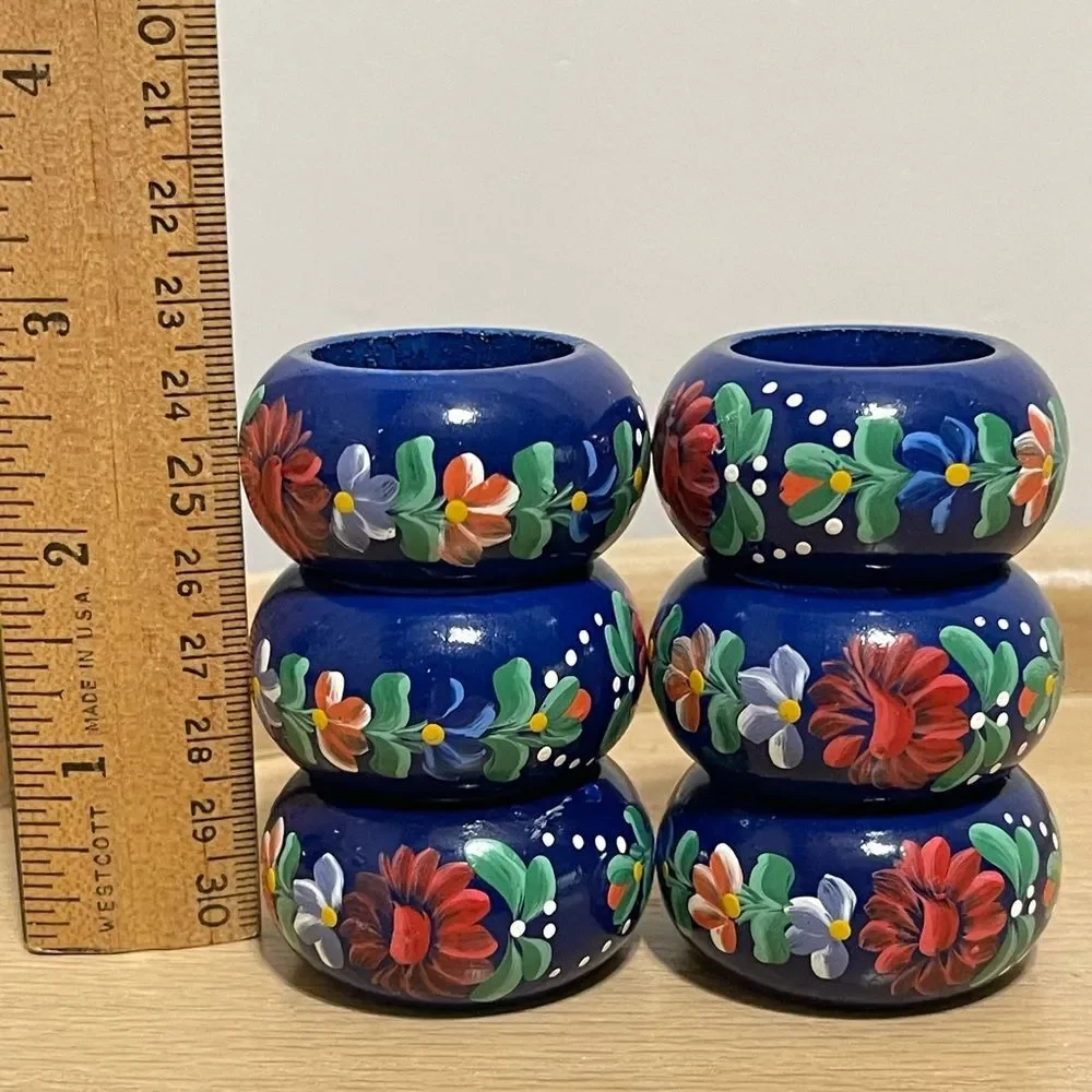 Hand-Painted Blue Floral Wood Napkin Rings Colorful Cottage Artsy Ornate 6 Set